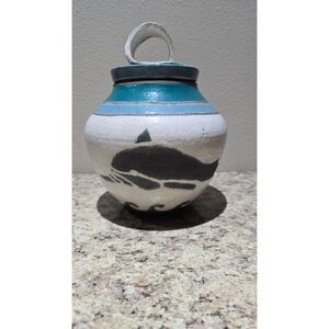 Artist Signed Studio Art Raku Pottery Jar with Lid Whale Theme